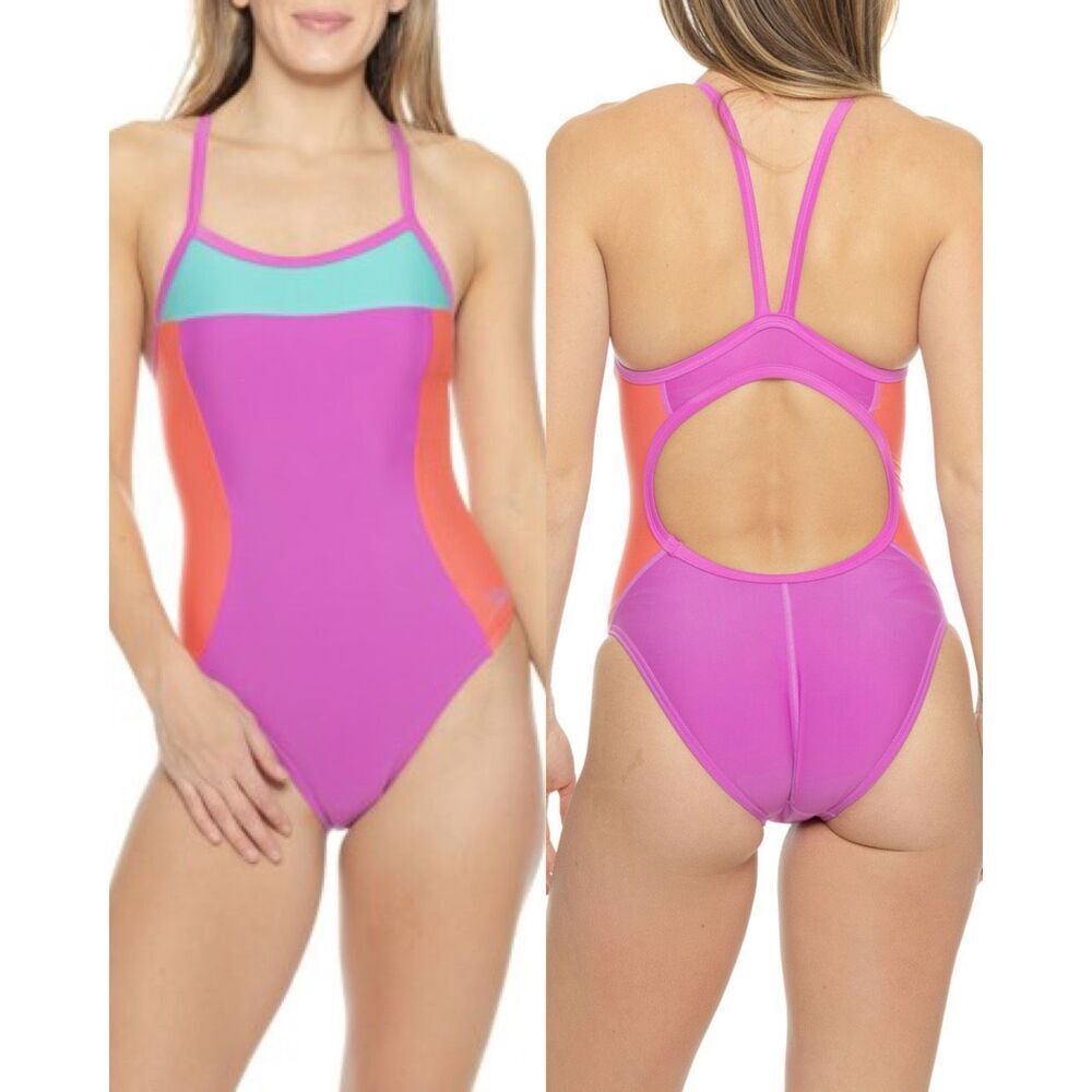 Speedo Color-Block Propel Back One-Piece Swimsuit UPF 50+ Neon Violet Size 28(2)
